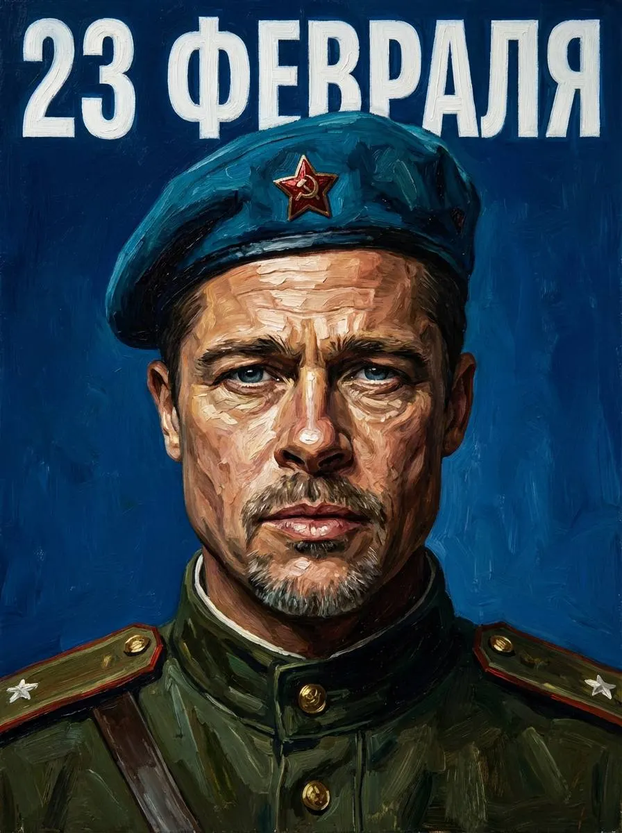 Промт масляная картина сурового русского солдата к 23 февраля с синим фоном и крупным текстом