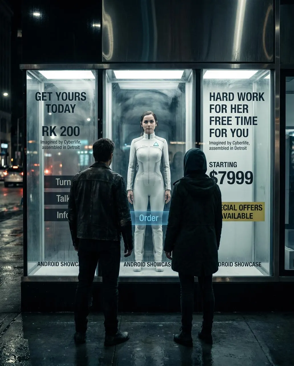 Промт «Футуристическая витрина андроидов в ночном городе» - Detroit: Become Human
