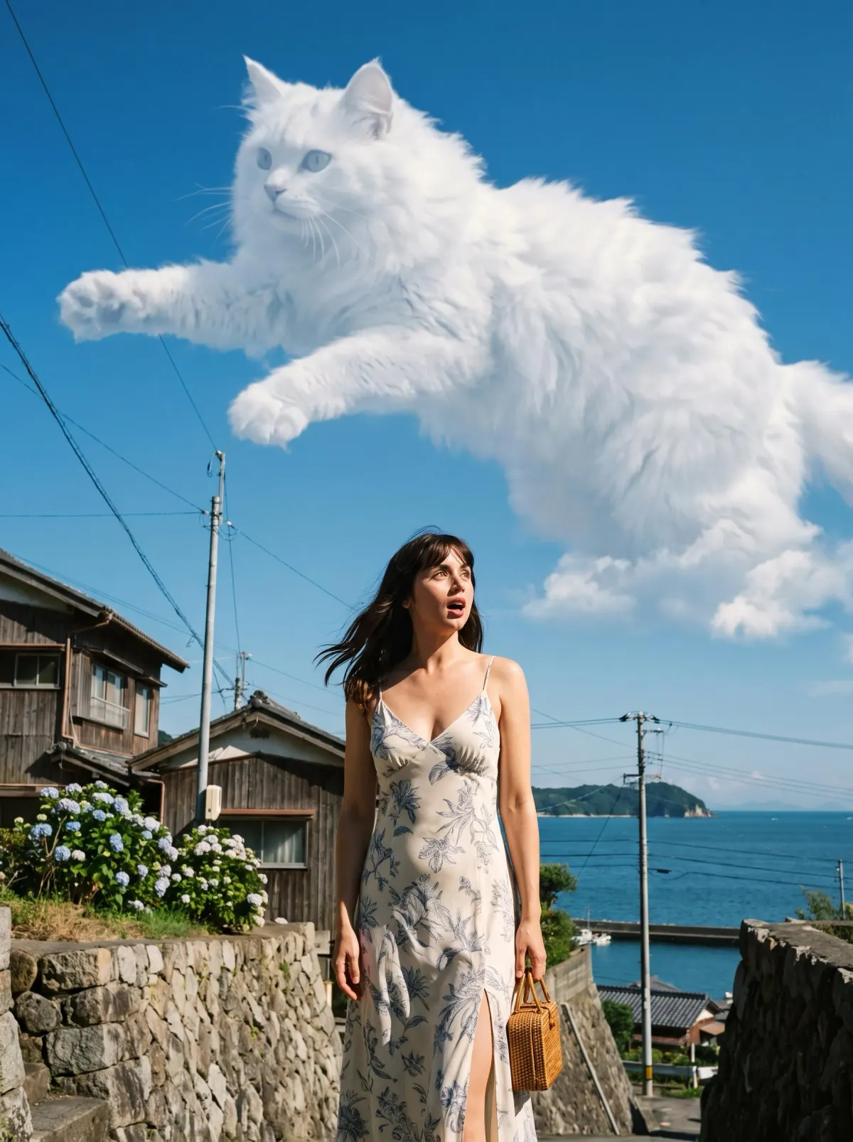 Фотосессия: Летний кот в облаках над японским морем — промт для ИИ