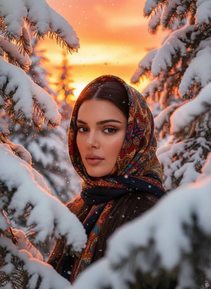 Промт для фотосессии: Девушка в зимнем лесу на фоне оранжевого заката
