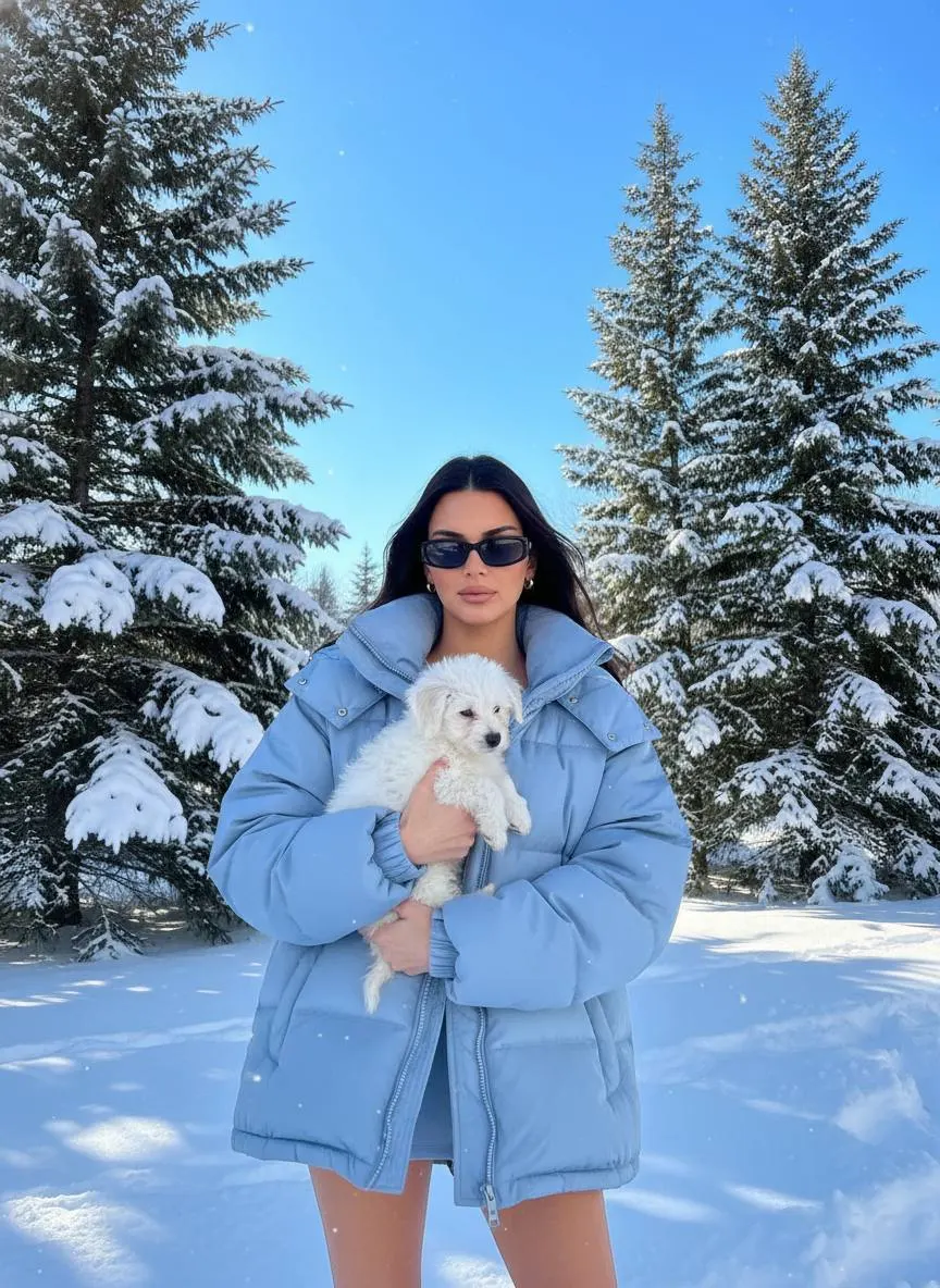 Зимняя фотосессия девушки с щенком в заснеженном еловом лесу промт