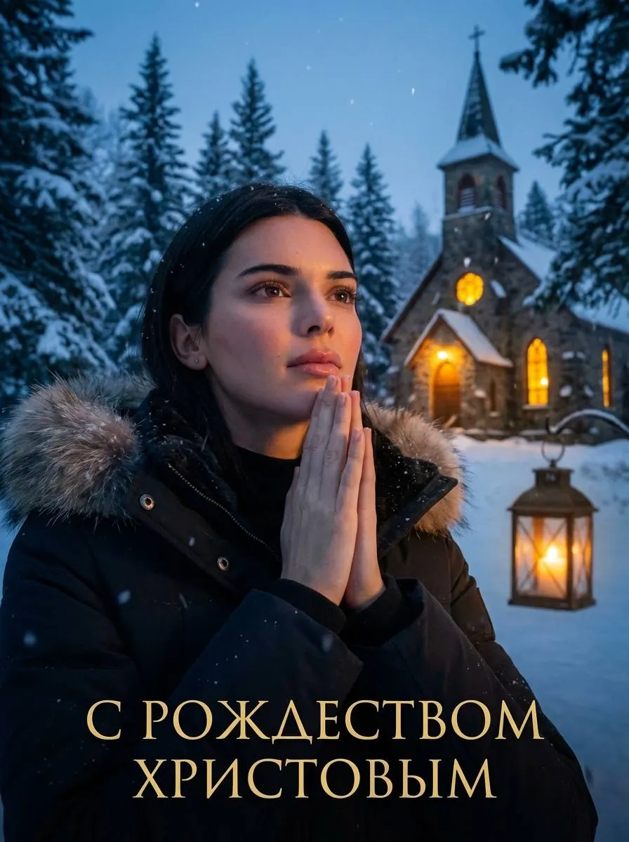 Промт рождественская молитвенная фотосессия зимой в лесу у церкви через нейросеть ИИ