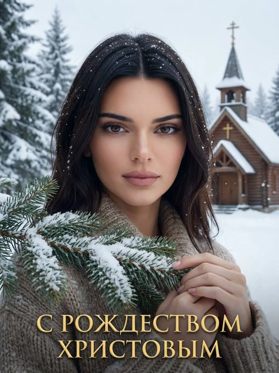 Промт рождественская зимняя фотосессия в лесу с еловой веткой и церковью через нейросеть ИИ