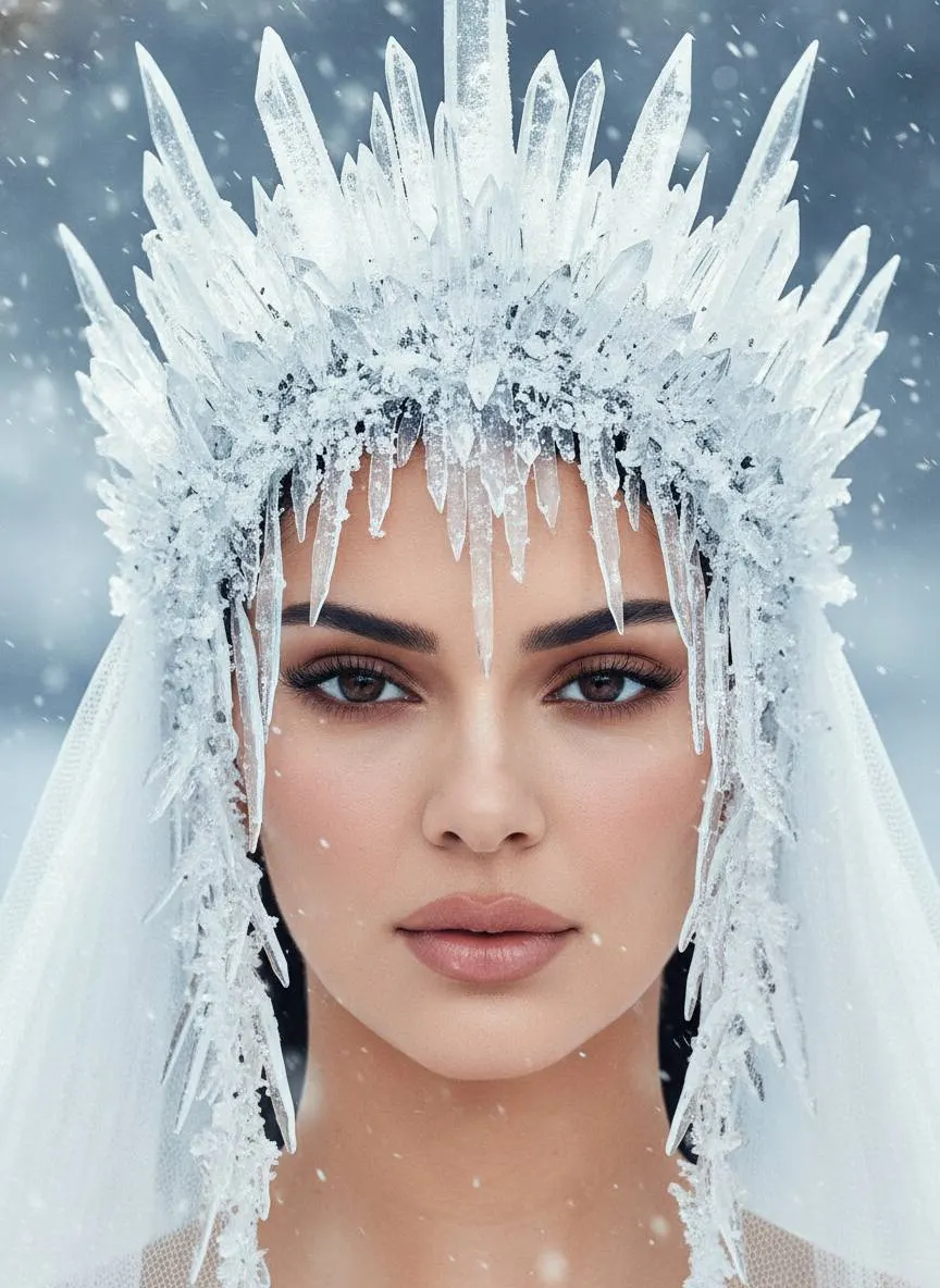Зимняя haute couture ИИ фотосессия Снежная Королева крупный портрет лица промт
