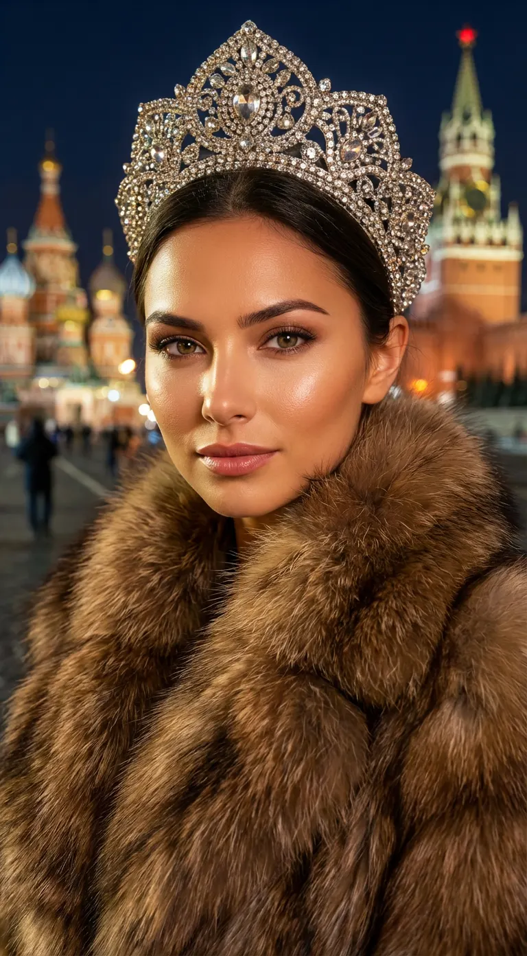 Современная инфлюенсер-фотосессия в кокошнике на ночной Красной площади — промт для нейросети ИИ​