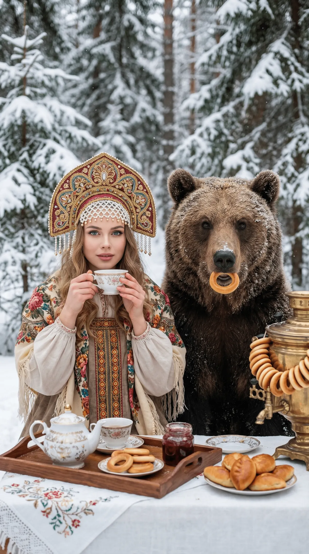 Зимняя сказочная фотосессия с медведем и самоваром в лесу — промт для нейросети ИИ​