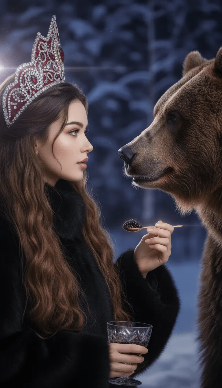 Кинематографичная зимняя фотосессия с медведем и чёрной икрой — промт для нейросети ИИ​