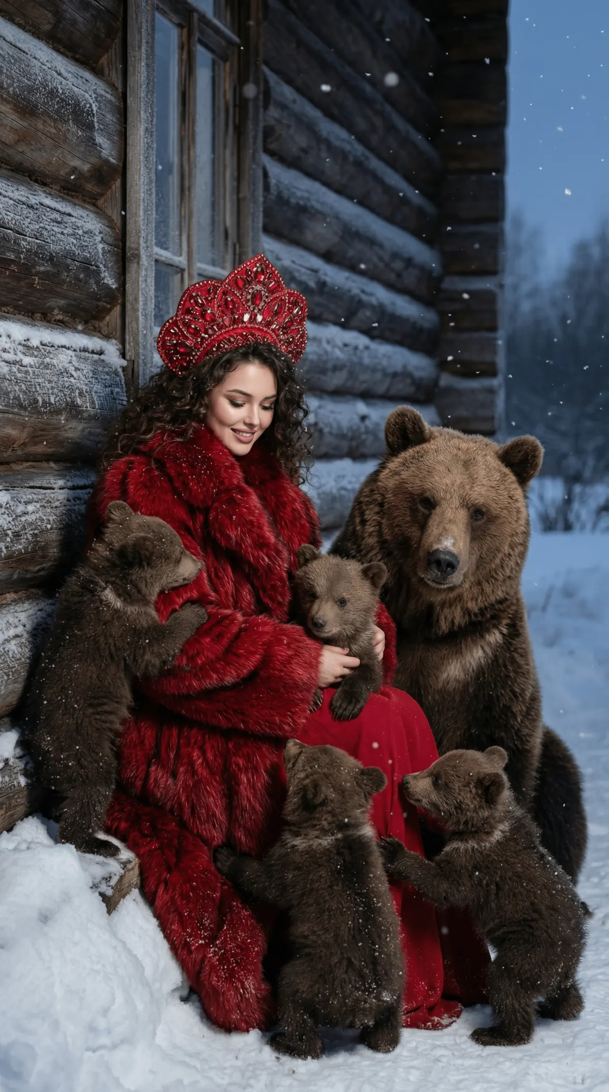 Зимняя фотосессия с медведями у русской избы — промт для нейросети ИИ