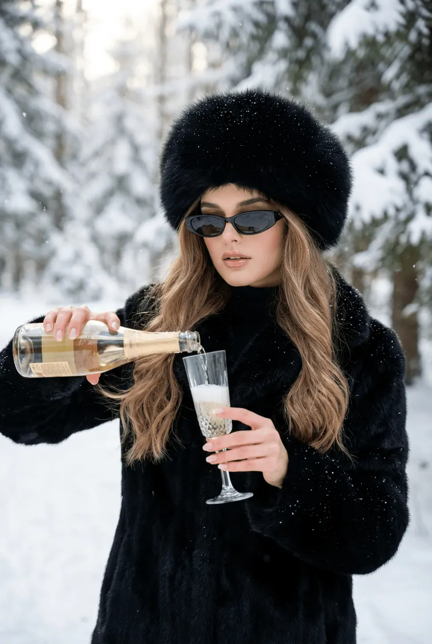 Зимняя fashion-фотосессия девушки в чёрной меховой шубе с шампанским в заснеженном лесу промт через ИИ