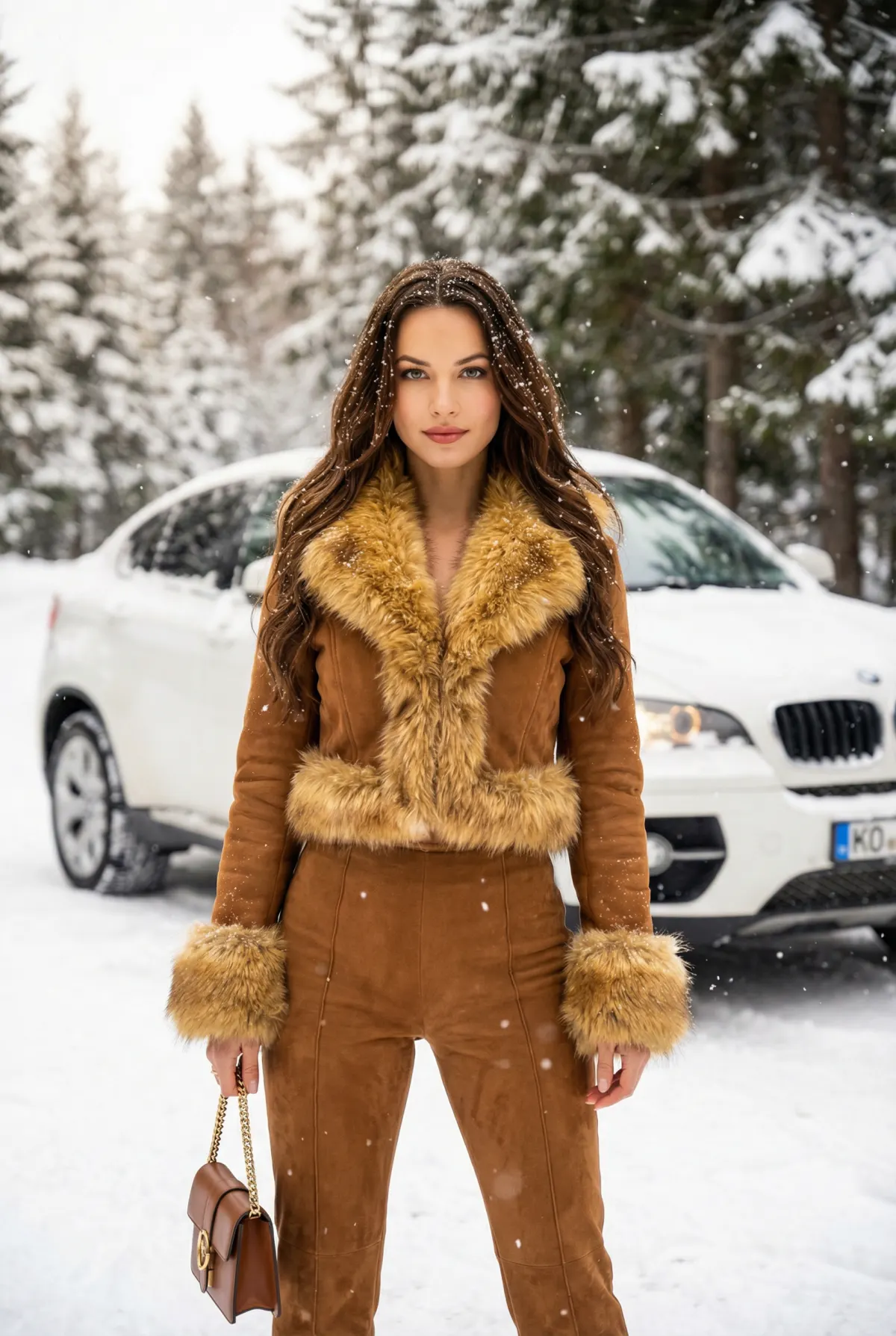 Зимняя fashion-фотосессия девушки в коричневом замшевом костюме и BMW X6 в лесу промт через ИИ