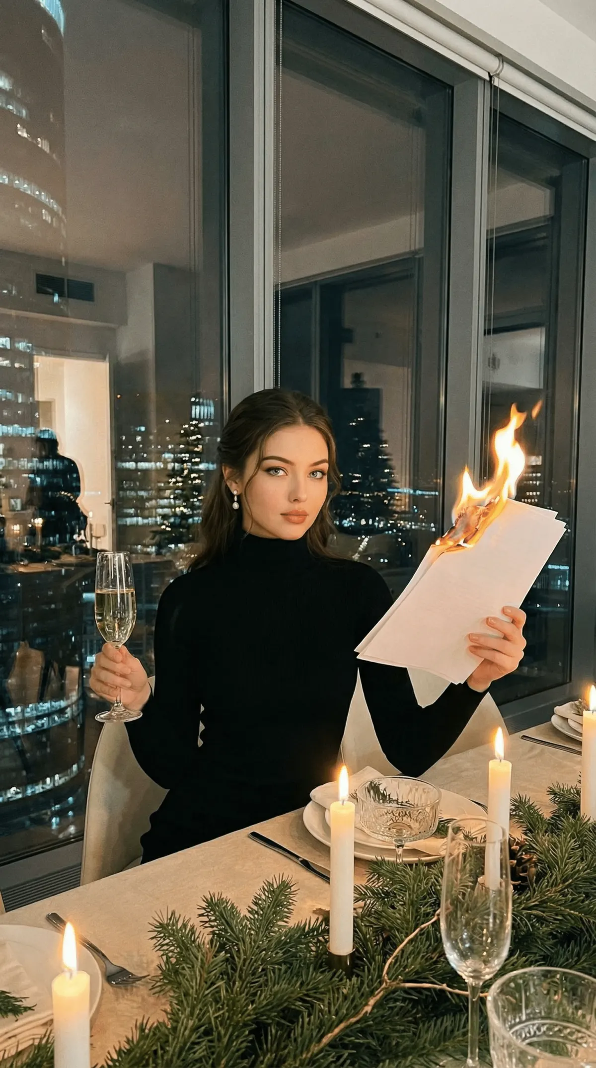 Новогодняя фотосессия в пентхаусе с горящей бумагой и бокалом шампанского промт через ИИ