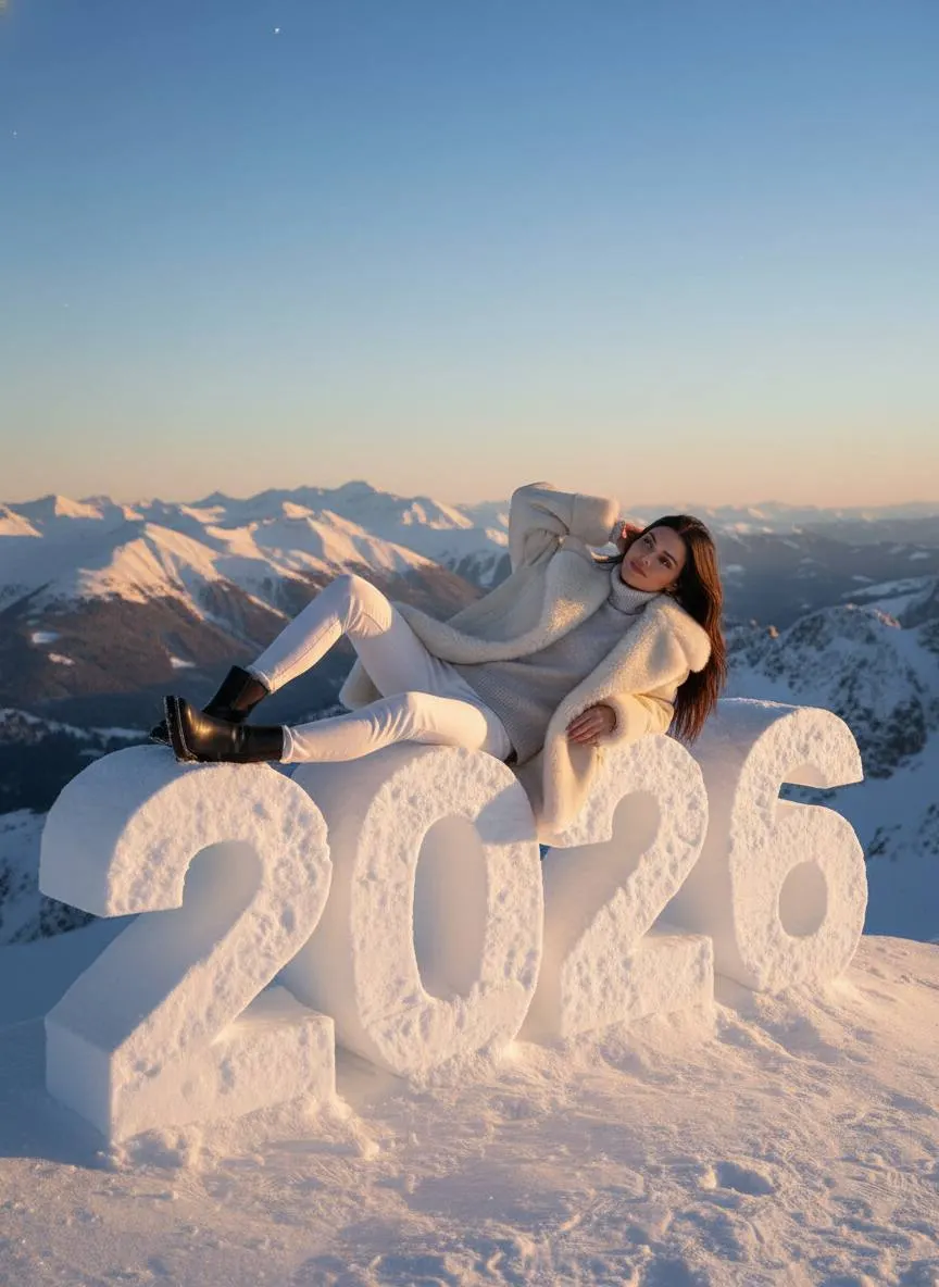 Новогодняя кинематографичная фотосессия на снежных цифрах 2026 в горах — промт для ультрареалистичного фото через ИИ
