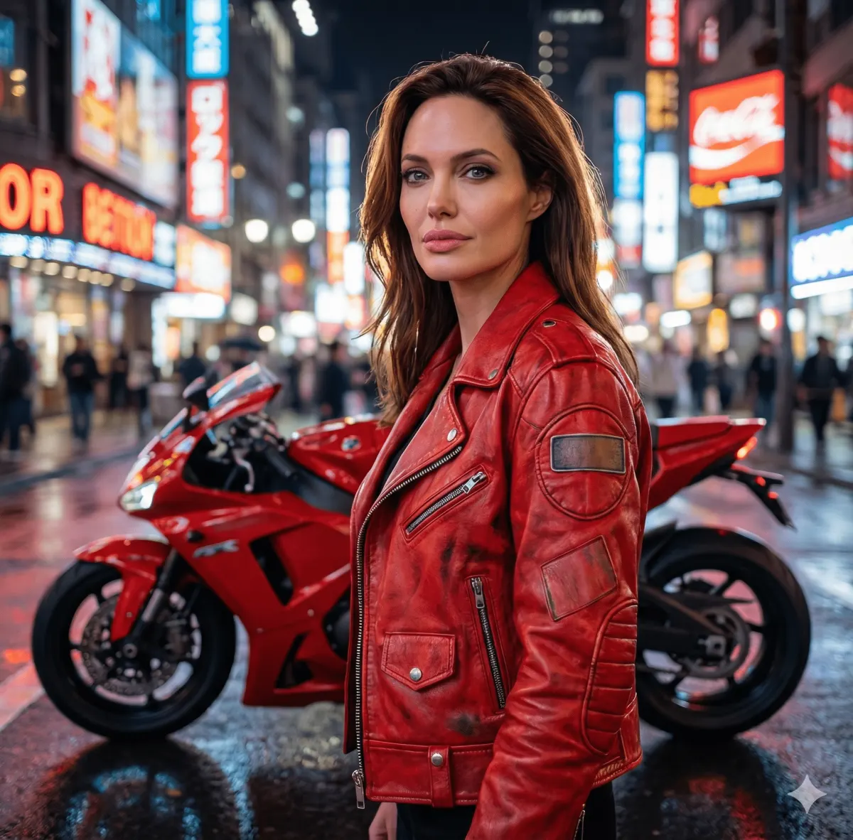 Мегареалистичная Akira фотосессия с байкерской курткой и неоновым мотоциклом промт