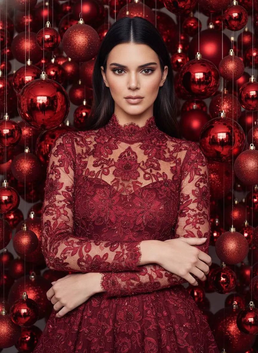 Новогодняя студийная fashion фотосессия промтом в красном кружевном платье на фоне плотных подвесных шаров через ИИ ​