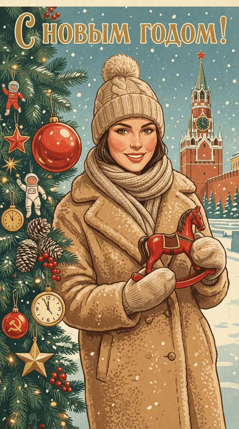 Советский новогодний промт: винтажная открытка 1950–1970-х по фото девушки в зимнем образе ​