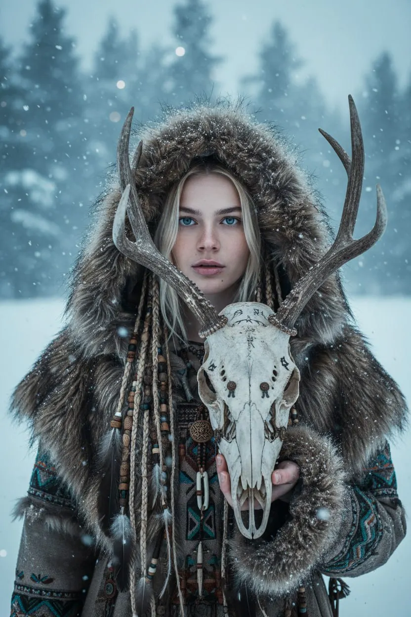 Кинематографичная зимняя шаманская фотосессия с оленьим черепом в лесу — промт для генерации фото через ИИ ​