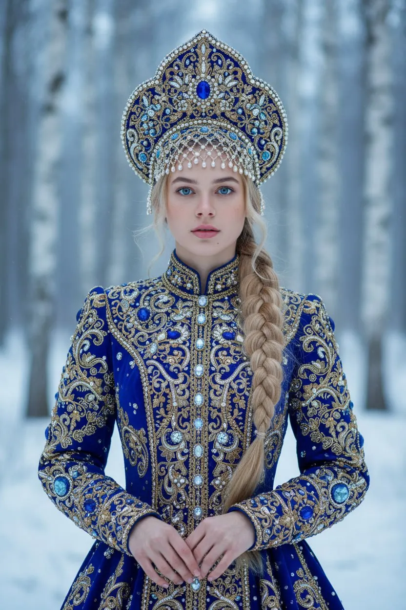 Королевская зимняя фотосессия в берёзовом лесу в синем сарафане и кокошнике — промт для генерации фото через ИИ ​