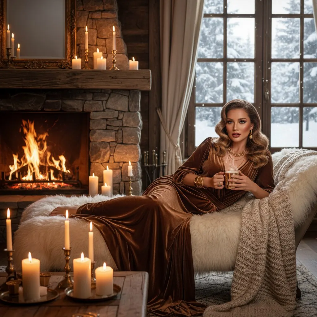 Новогодняя фотосессия у камина по референсу — промт для генерации фото через ИИ ​