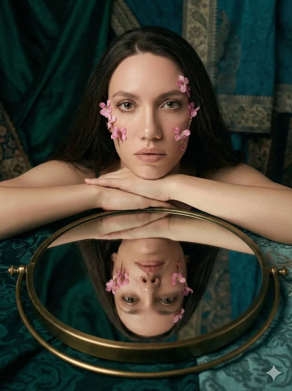 Промт «Редакционный beauty‑портрет с зеркалом и розовыми цветами на лице в винтажной арт‑хаус эстетике через ИИ»