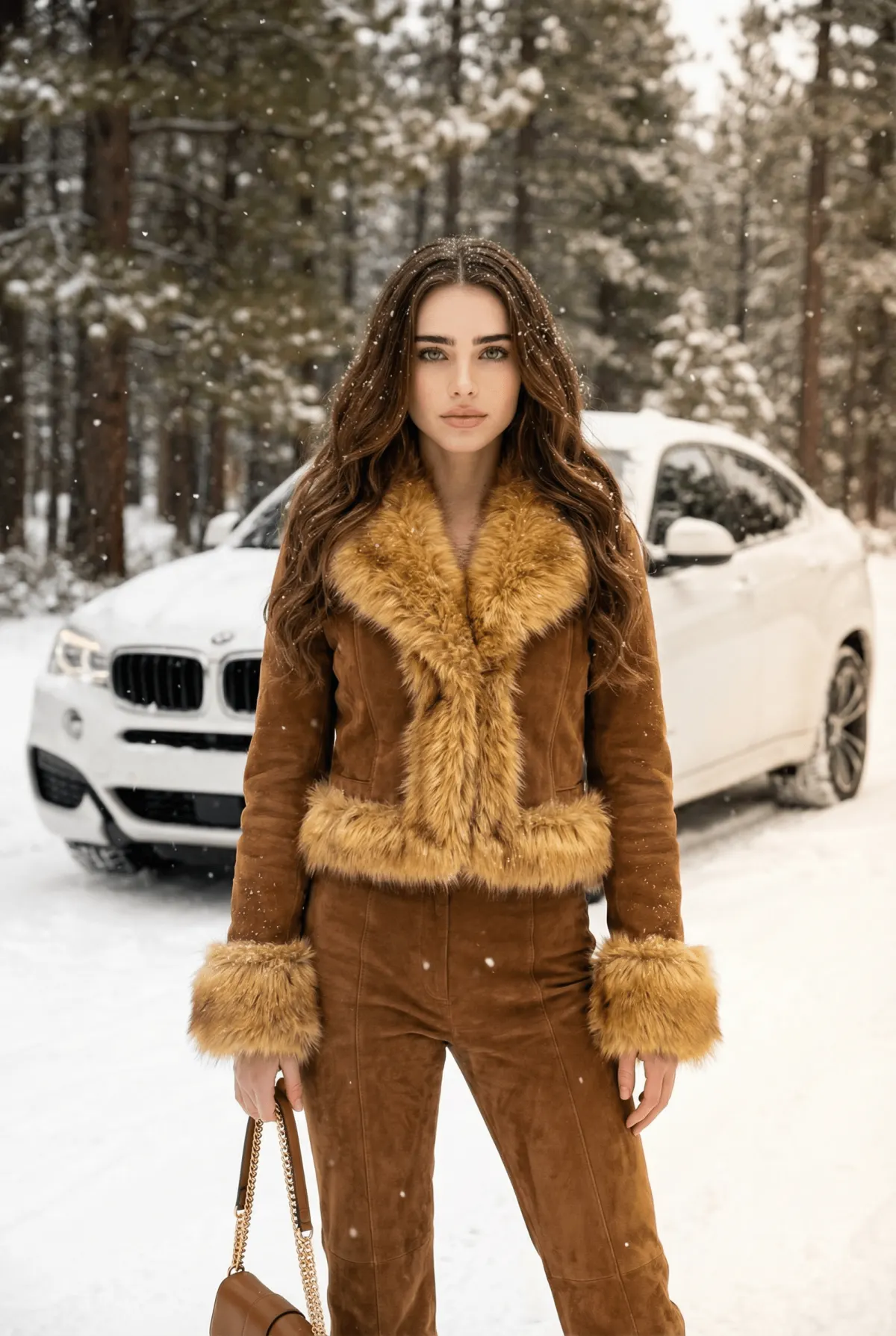 Промт «Ультрареалистичный зимний fashion‑портрет девушки в лесу с BMW X6 через ИИ»