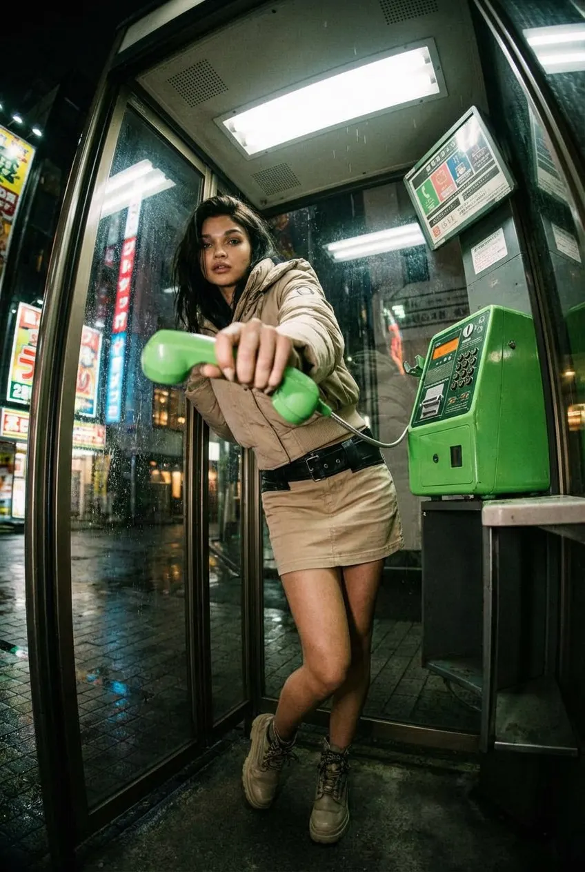Трендовый промт с Youtube shorts: «Динамичный Tokyo-телефонный портрет с зелёной будкой»