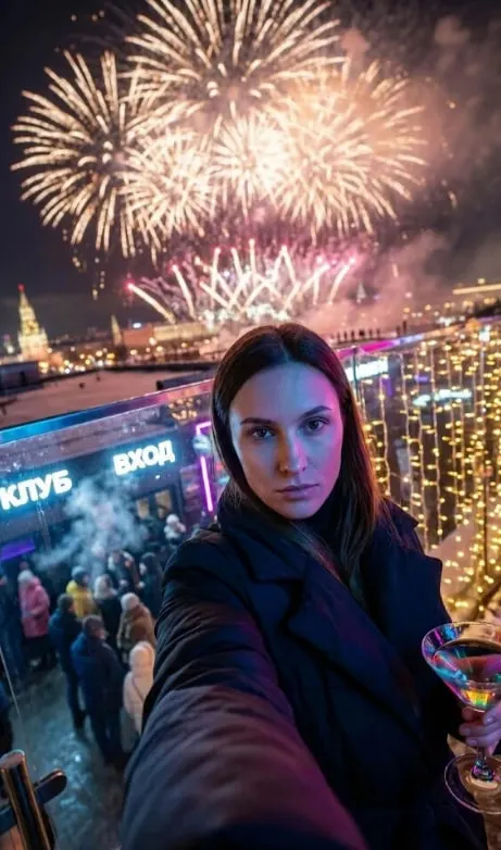 Неоновый новогодний промт: Трендовые промты: POV‑портрет на фоне салюта