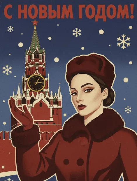 Советская новогодняя открытка промт: агитационный плакат с Кремлём и курантами