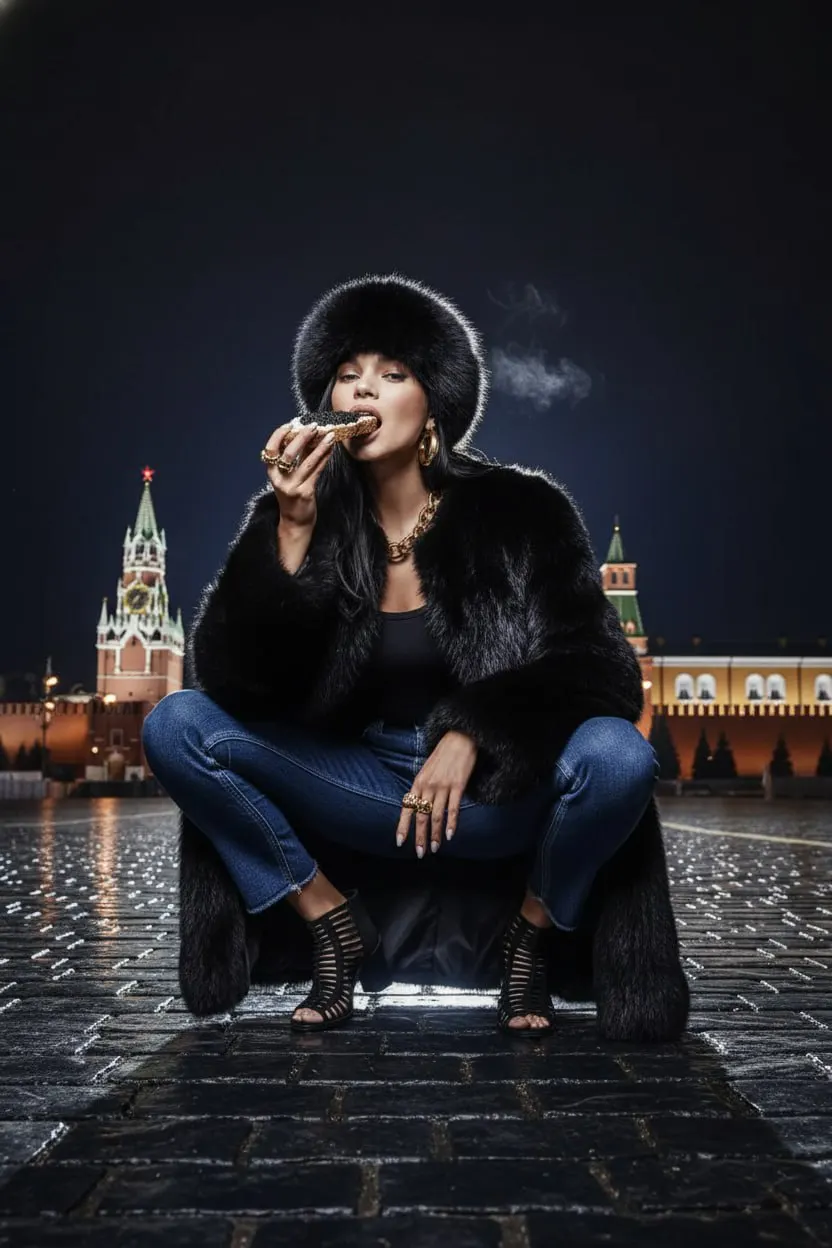 Фотосессия ИИ: гламурная ночная съёмка на Красной площади с бутербродом с икрой