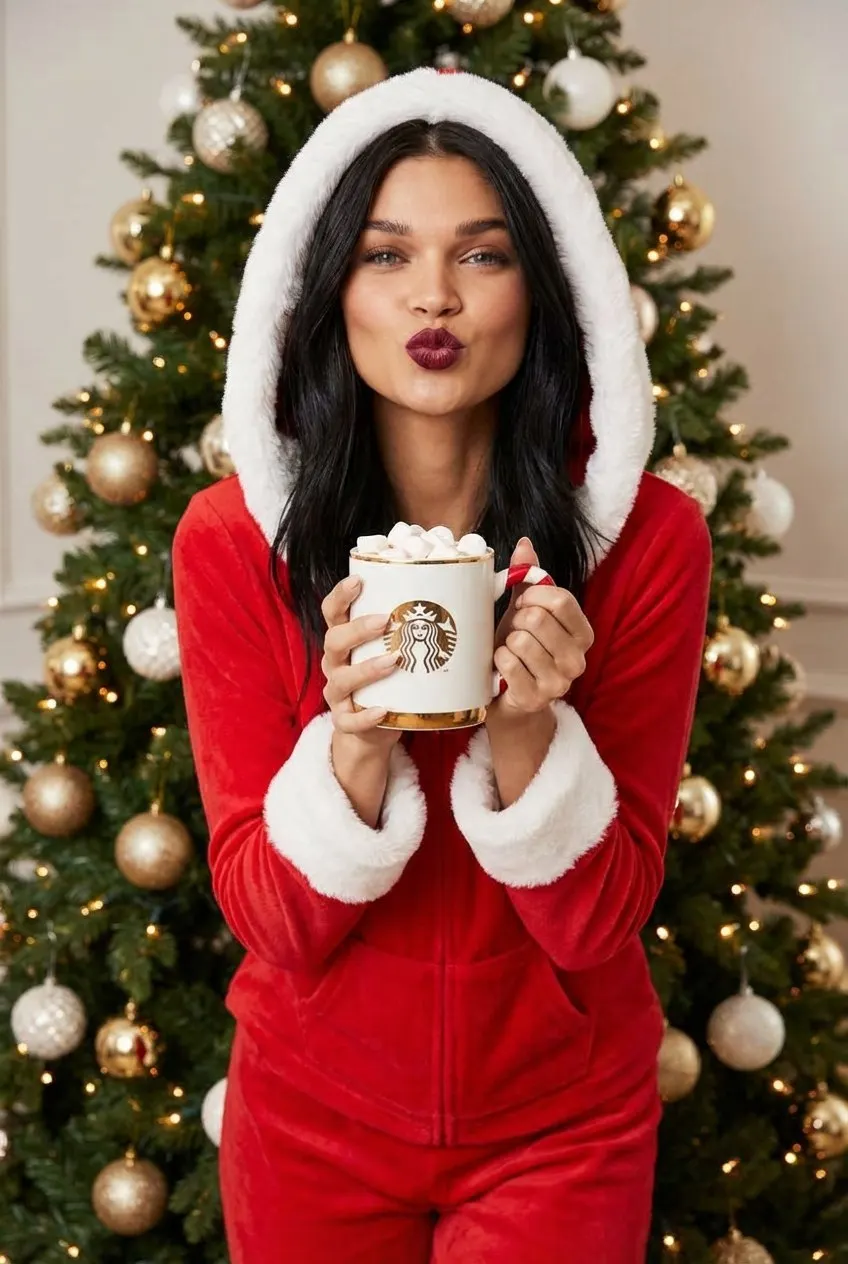 Фотосессия ИИ: уютный рождественский портрет с кружкой Starbucks и бордовыми губами