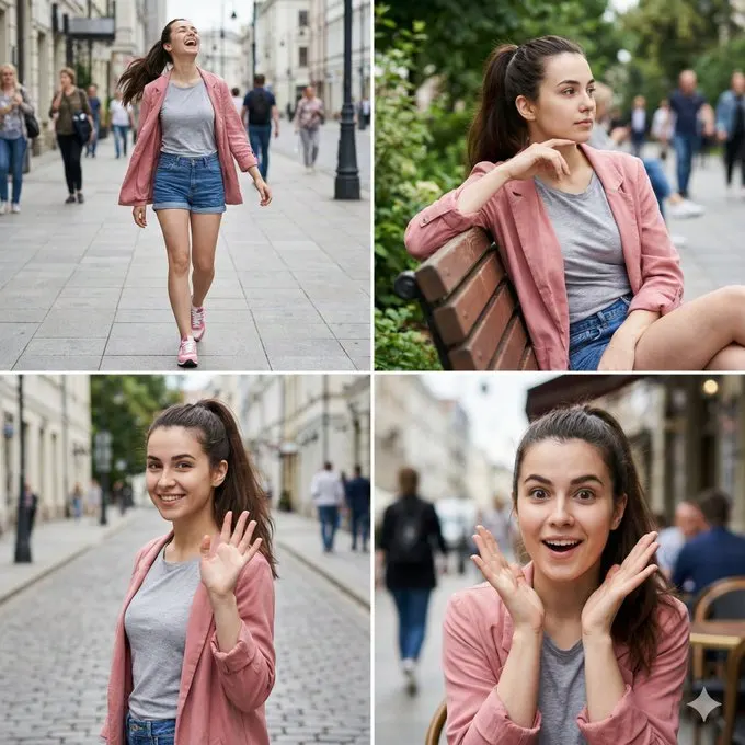 Фотосессия ИИ: четырёхкадровый лукбук девушки в розово‑сером street‑стиле