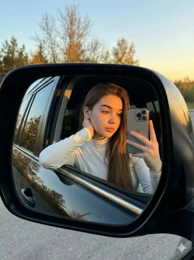 Фотосессия ИИ: golden hour селфи в зеркале боковика Toyota Land Cruiser