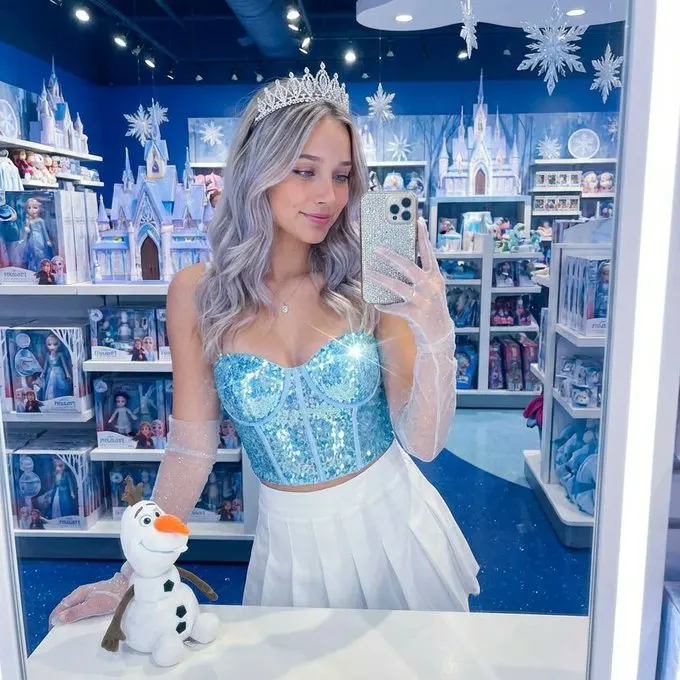 Фотосессия ИИ: айс-принцесса Frozen в зеркальном селфи