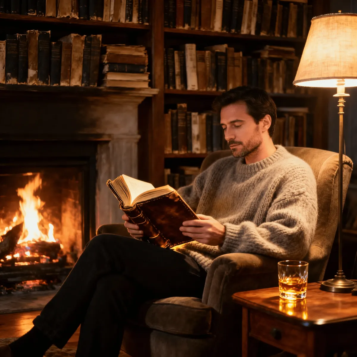 Тёплый интерьерный кадр мужчины у камина с книгой и бокалом виски промт для генерации через ИИ