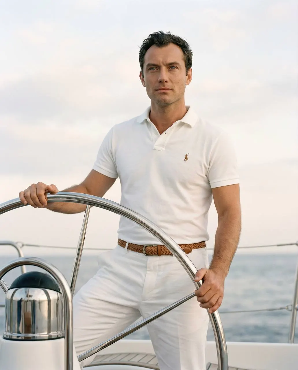 Промт «Реалистичный Ralph Lauren‑стайл мужской модный портрет на руле яхты через ИИ»