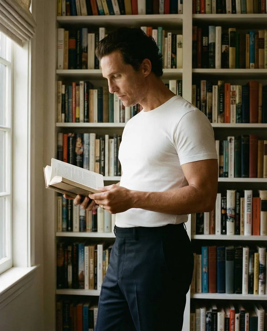 Промт «Кинематографичный lifestyle‑портрет парня с книгой в домашней библиотеке в тёплом плёночном стиле через ИИ»