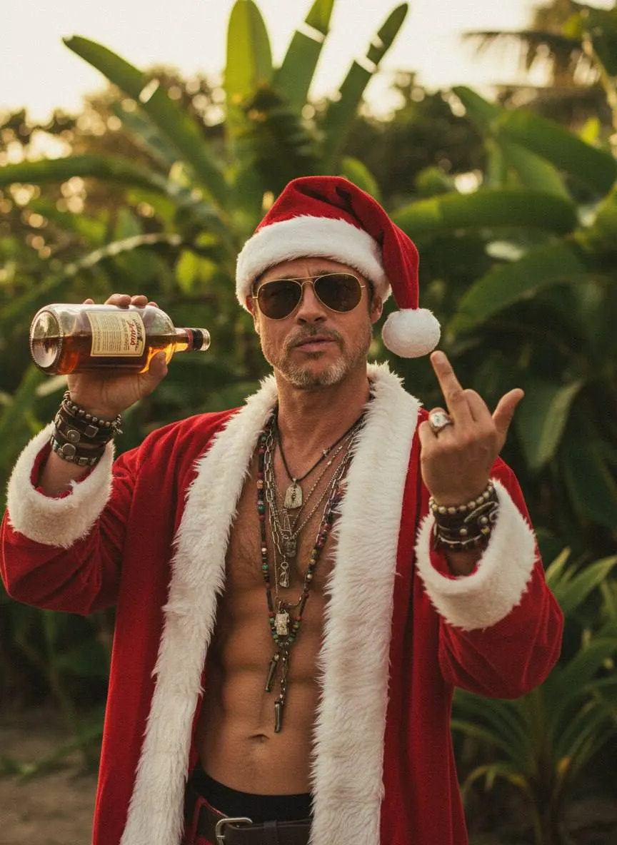 Фотосессия ИИ: тропический Bad Santa с жестом фак в тёмной комедийной эстетике
