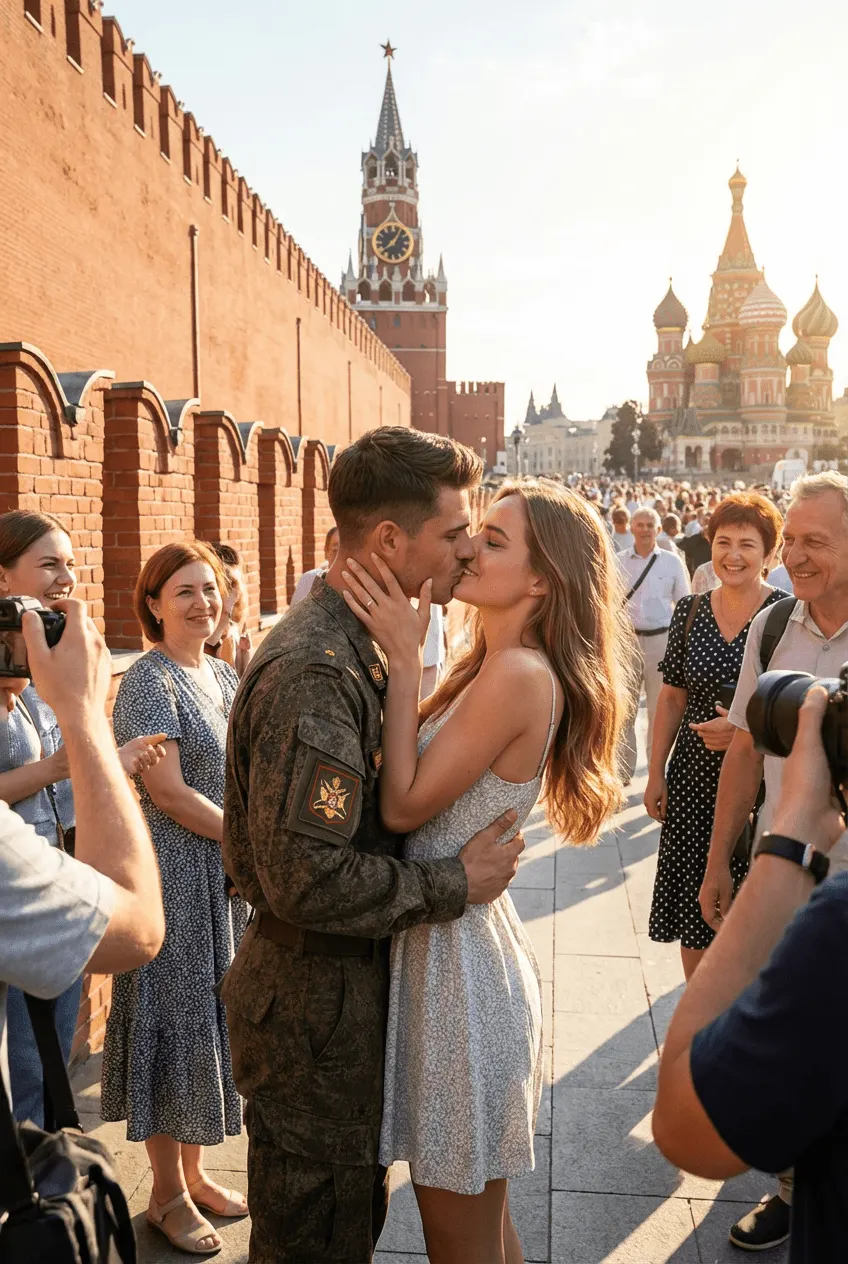 Промт романтическая встреча солдата и девушки у Кремлёвской стены с долгим поцелуем в яркий солнечный день через ИИ