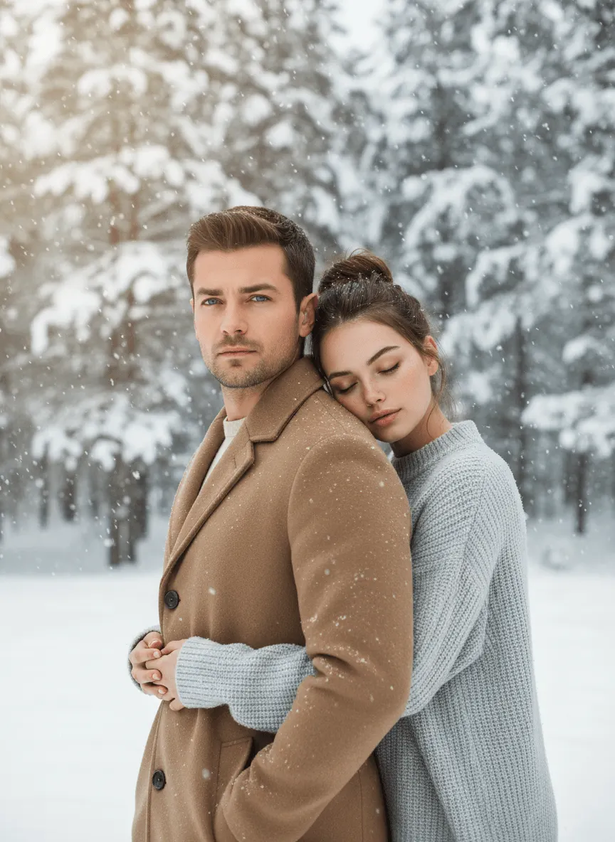 Зимняя фотосессия пары в объятиях в снежном пейзаже — промт для нейросети ИИ