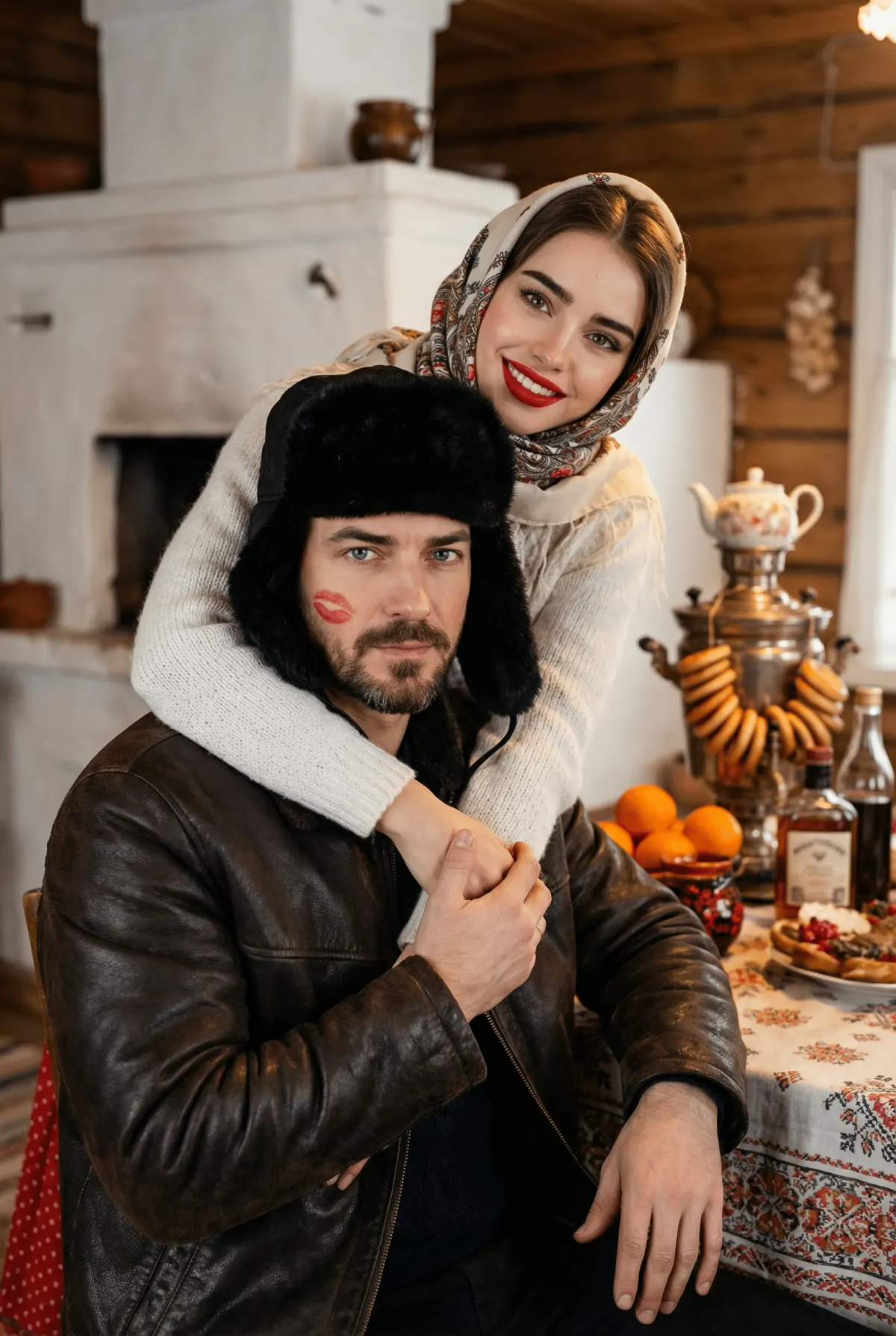 Уютная зимняя фотосессия пары в деревенском доме — промт для нейросети ИИ