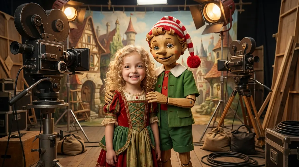 Фотосессия промт с Буратино на киноплощадке, гиперреалистичное 8k фото, сохранение вашего лица