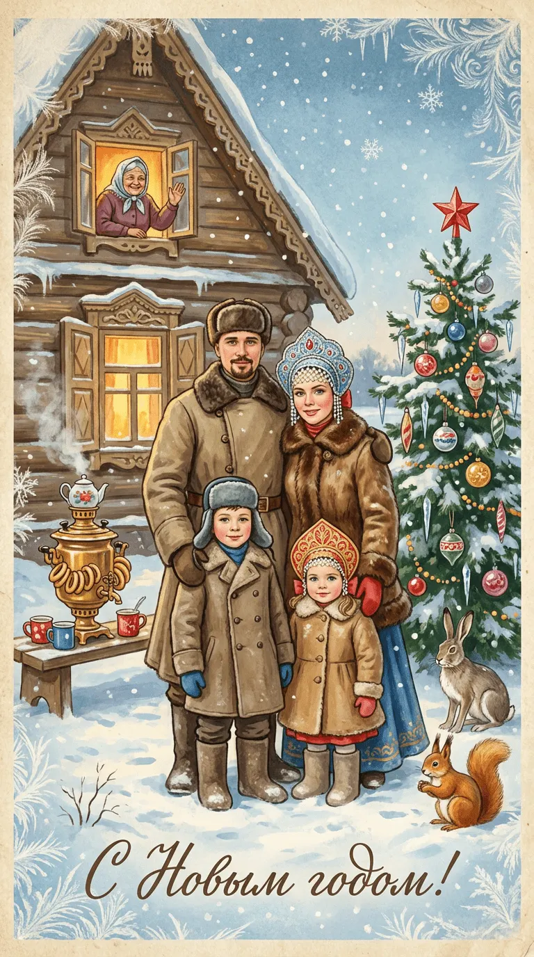 Винтажный новогодний промт: советская сказочная открытка 1950–1970-х по фото, с домиком, бабушкой в окне и самоваром ​